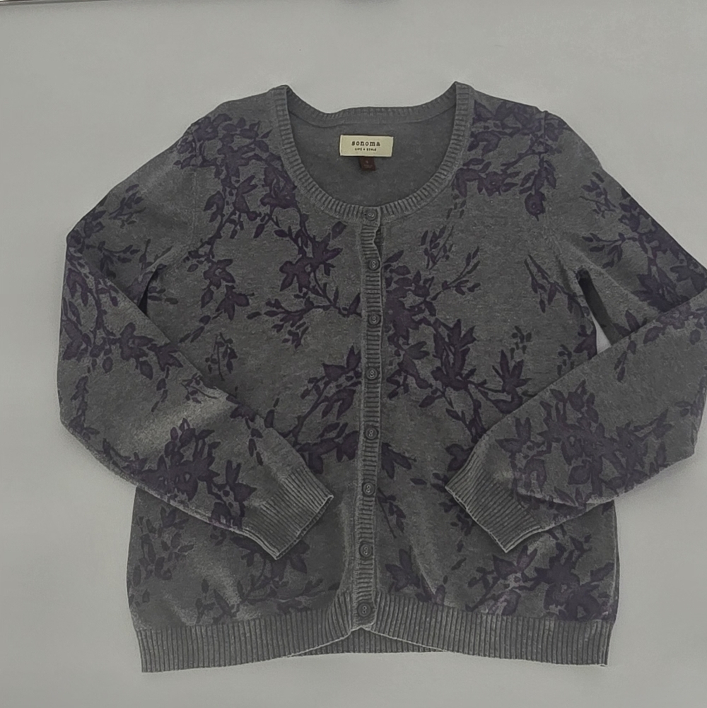Sonoma Life + Style Gray Floral Button Front Cardigan Sweater Size S